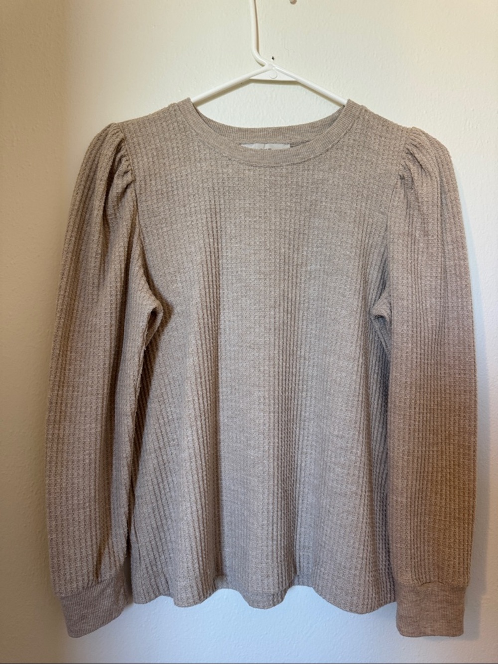 LOFT Beige Ribbed Long Sleeve Puff Shoulder Top